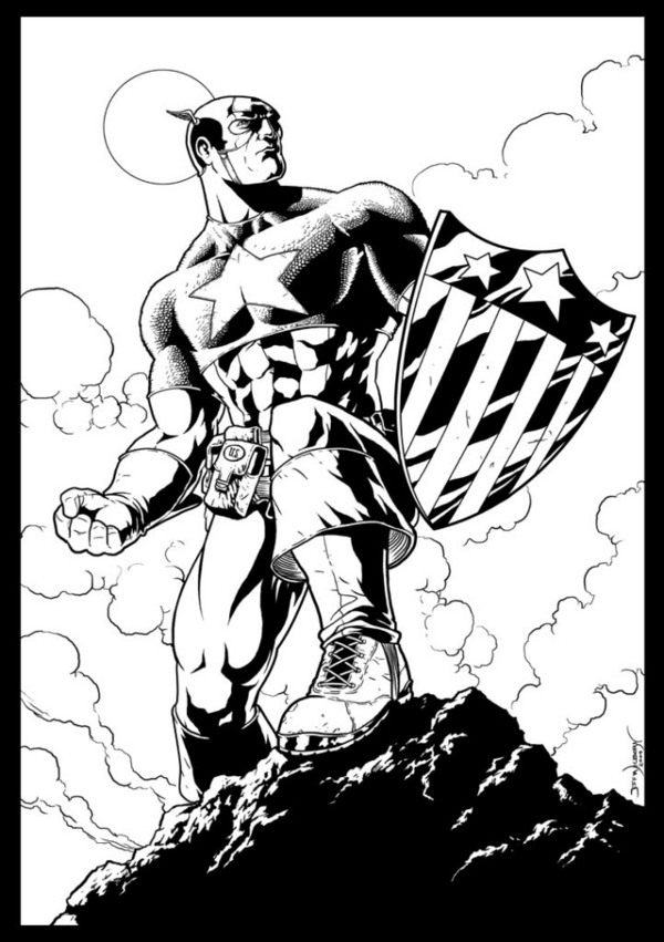 Coloriage de Captain America prêt à combattre avec son bouclier