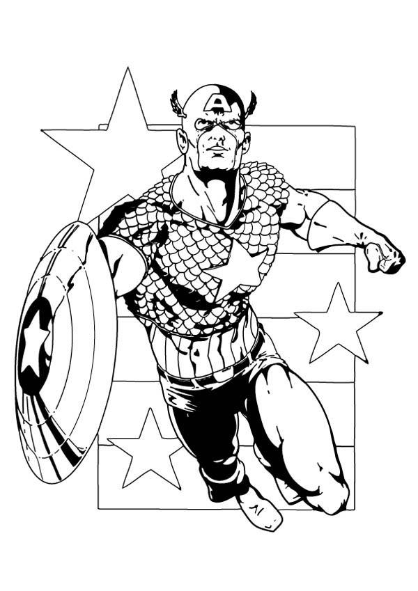 Coloriage de Captain America en pleine action avec son bouclier