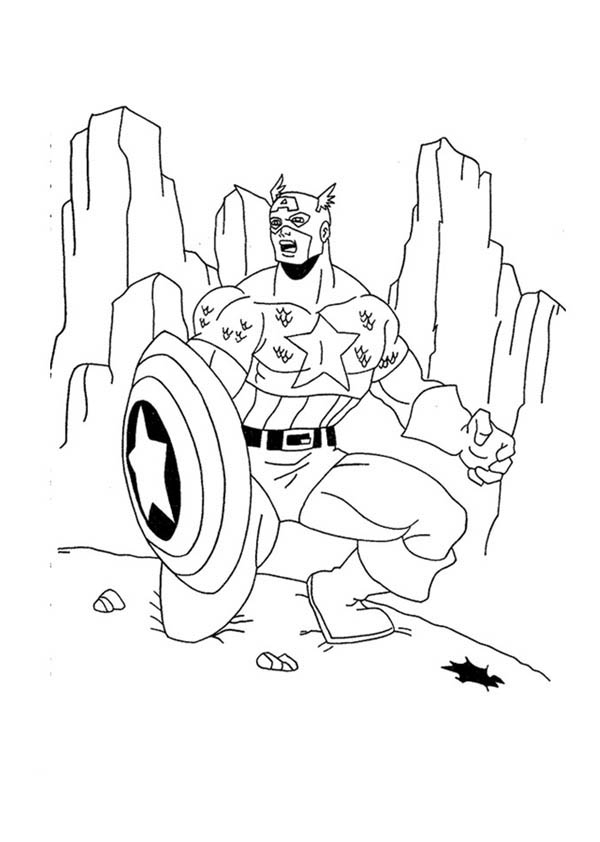 Coloriage de Captain America en pleine action avec son bouclier