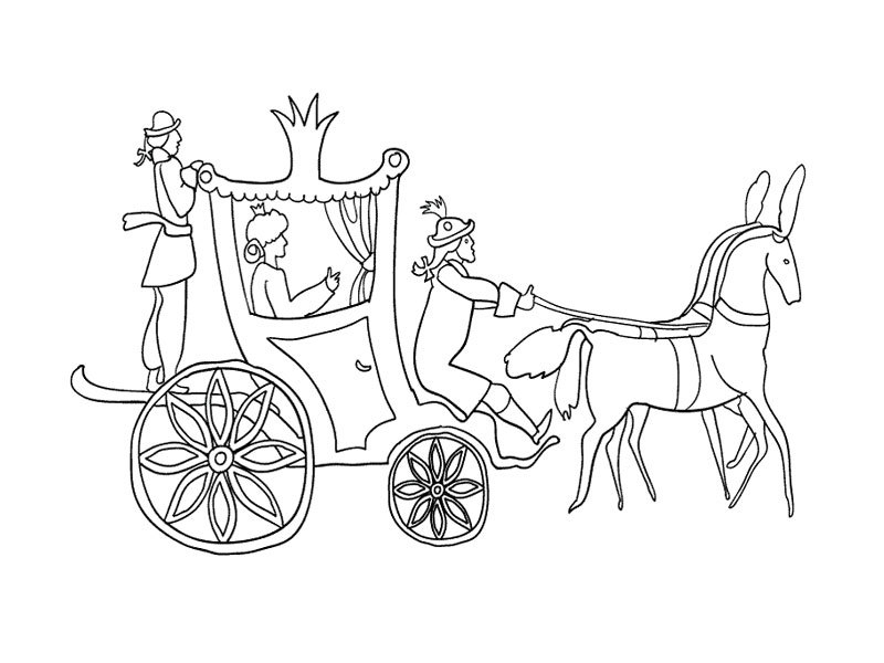 Coloriage d'un carrosse tiré par des chevaux dans un paysage enchanteur