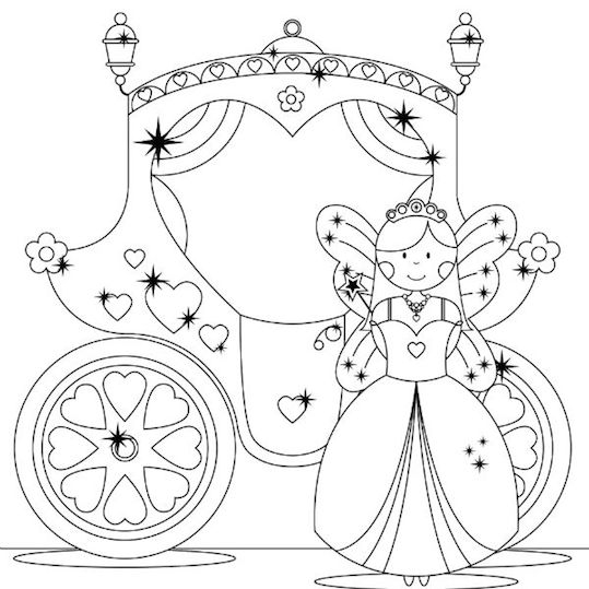 Coloriage d'un carrosse royal tiré par des chevaux dans un décor de jardin
