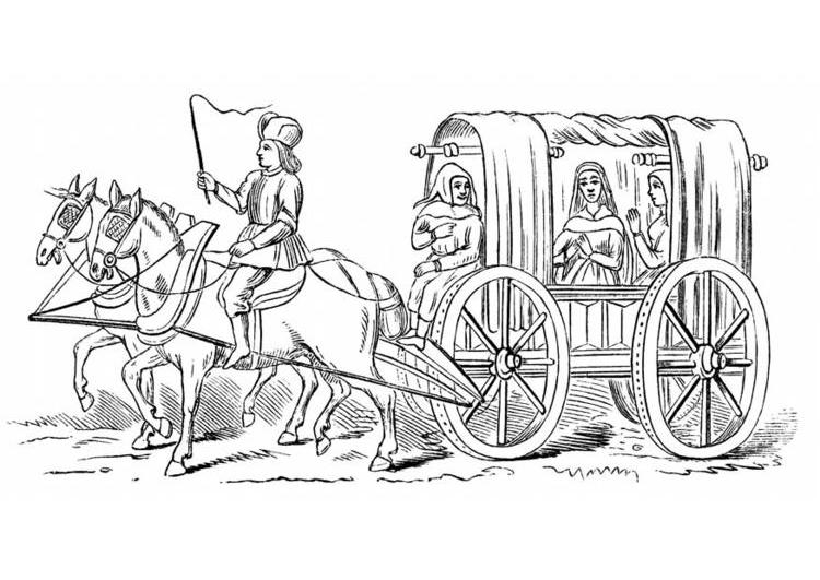 Coloriage d'un carrosse majestueux tiré par des chevaux dans un paysage stylisé