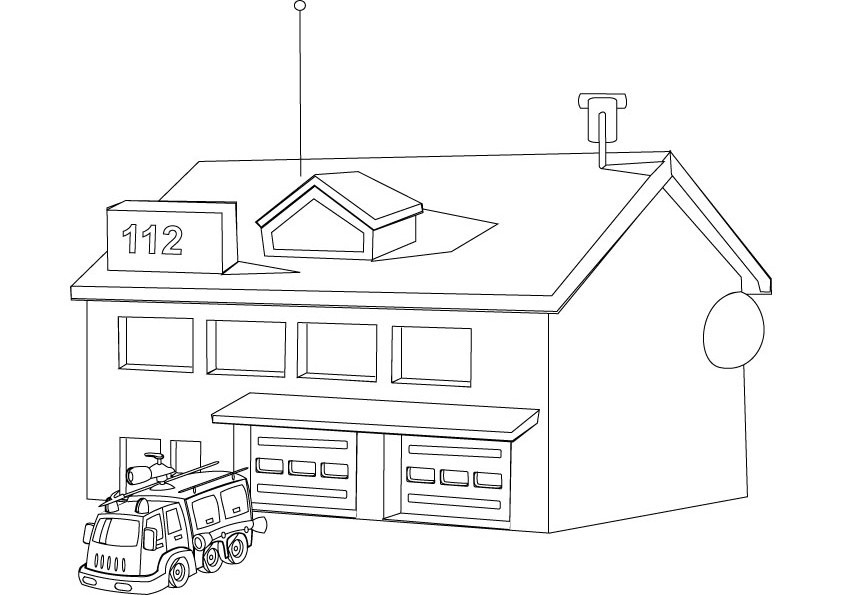 Coloriage d'une caserne de pompiers avec camion et accessoires
