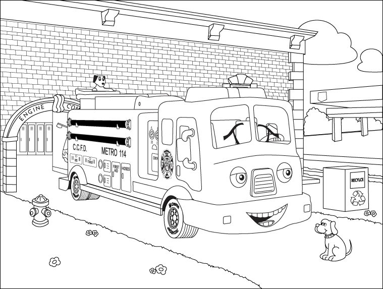 Coloriage d'une caserne de pompiers avec un camion et des détails extérieurs