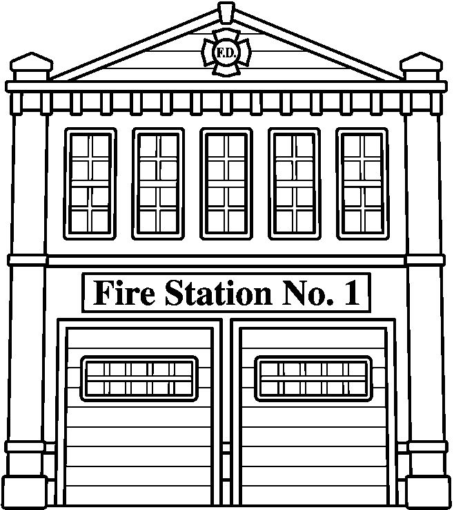 Coloriage d'une caserne de pompiers entourée de détails typiques