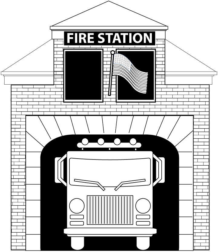 Coloriage d'une caserne de pompiers avec un véhicule de secours