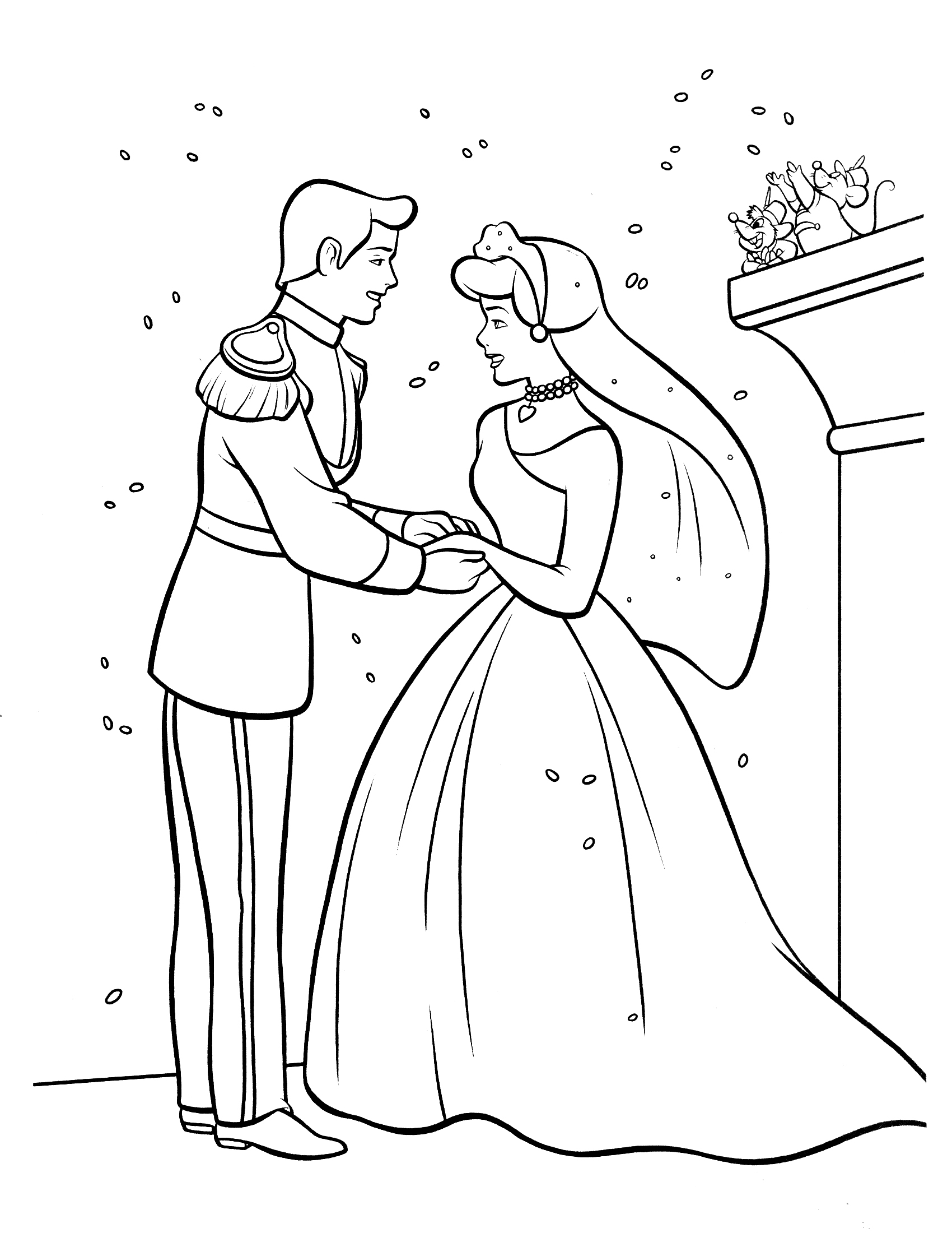 Cendrillon dans sa robe de bal, attendant à l'entrée du palais
