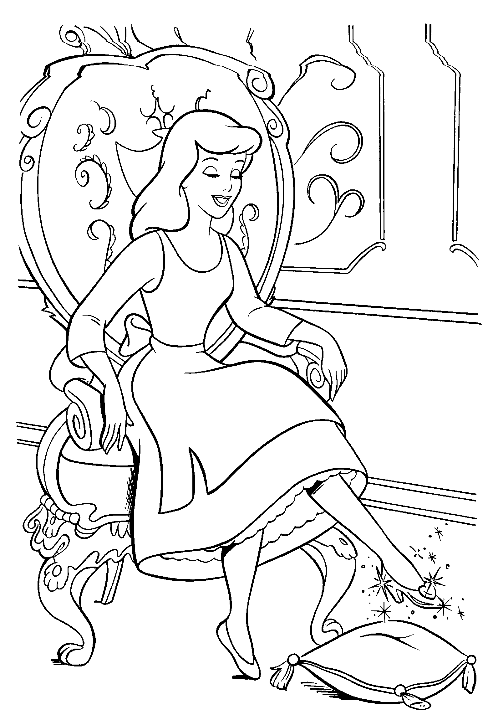 Cendrillon essayant sa pantoufle dans un décor de château