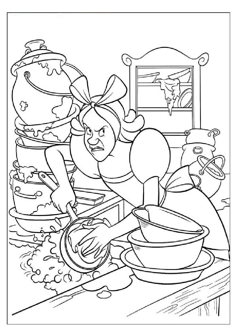 Cendrillon dans sa robe de bal avec des éléments de décor autour d'elle