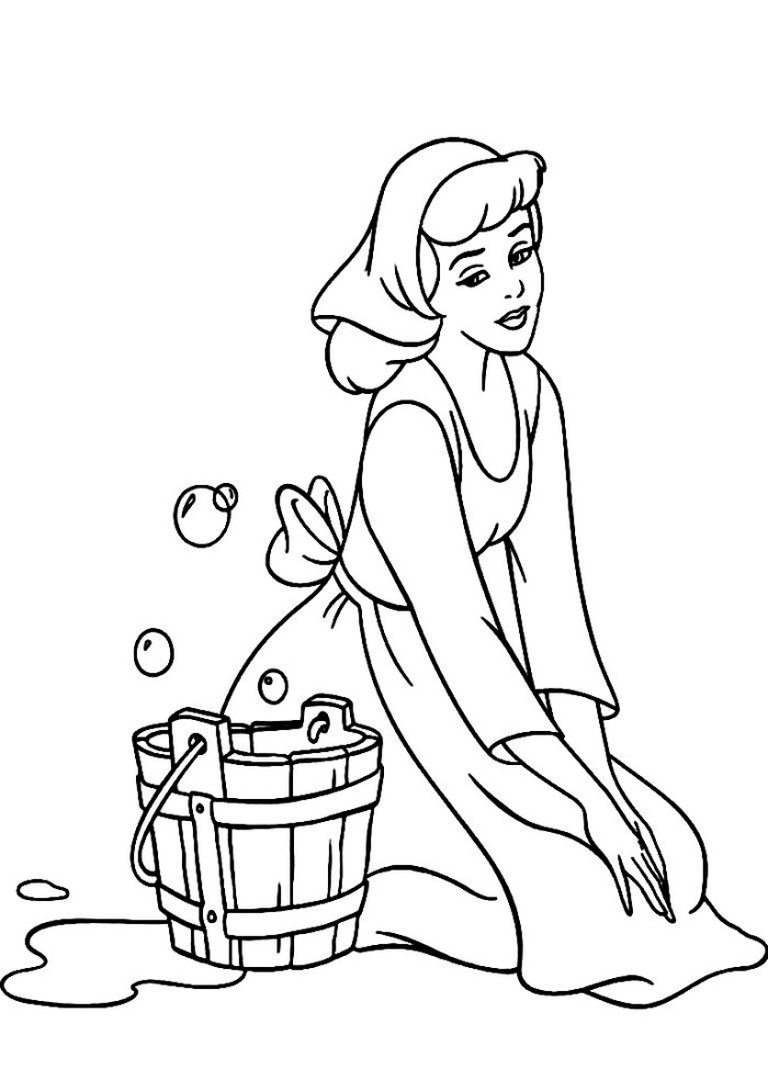 Coloriage de Cendrillon perdue dans ses pensées au bord de la cheminée