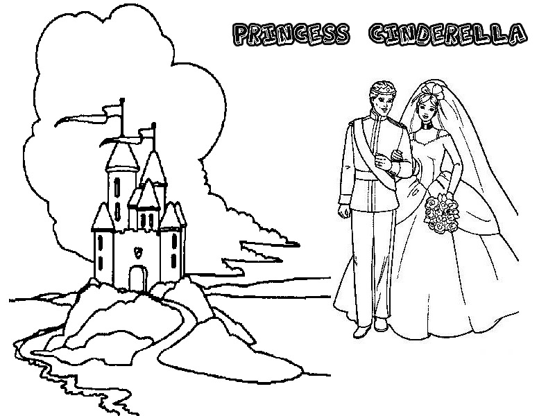 Coloriage de Cendrillon dans sa robe de bal au château