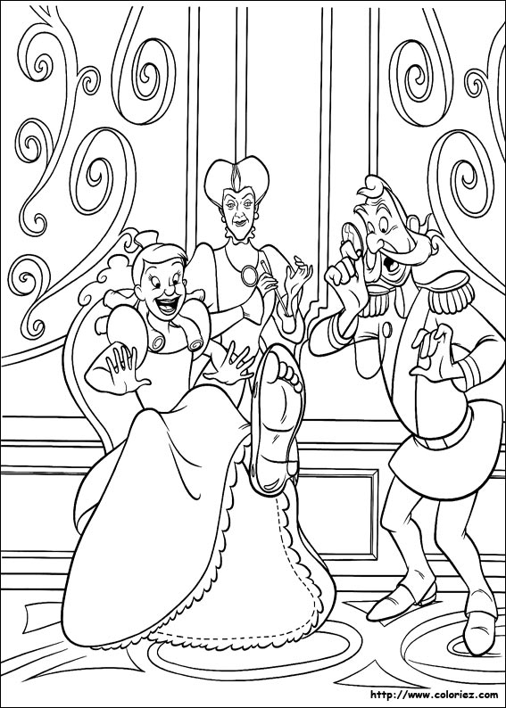 Coloriage de Cendrillon dans sa robe de bal, entourée d'éléments de conte
