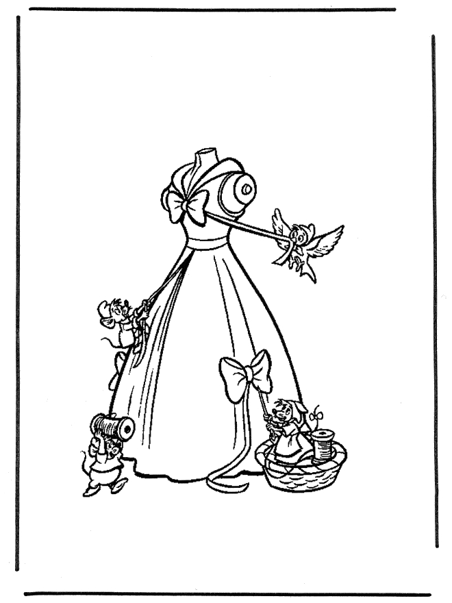 Cendrillon dans sa robe de bal, entourée d'éléments féeriques
