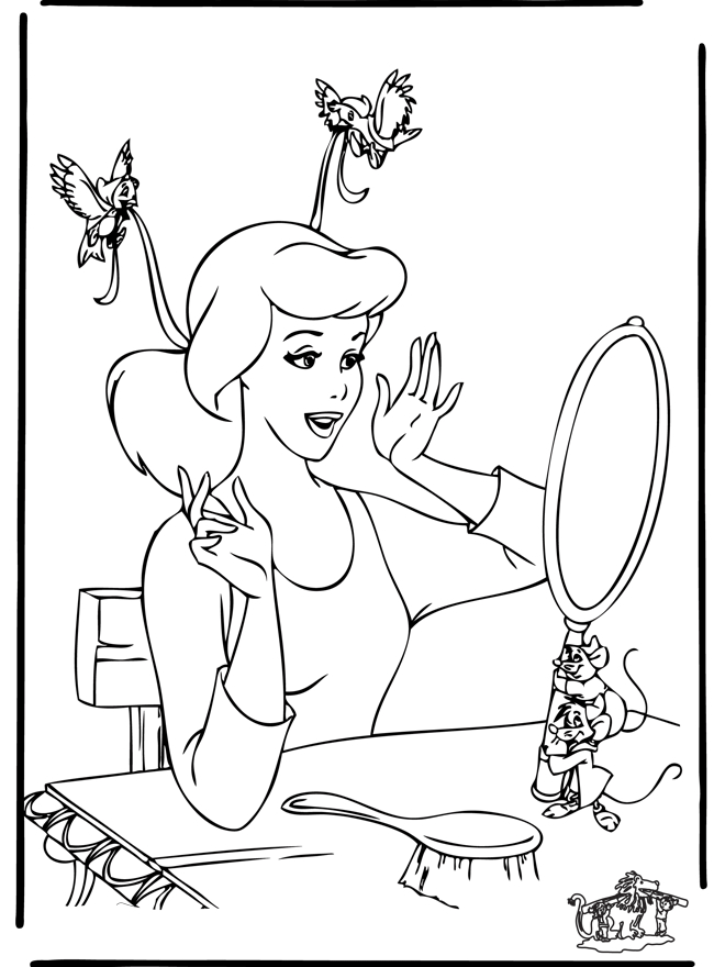 Coloriage de Cendrillon dans sa robe de bal entourée de souvenirs