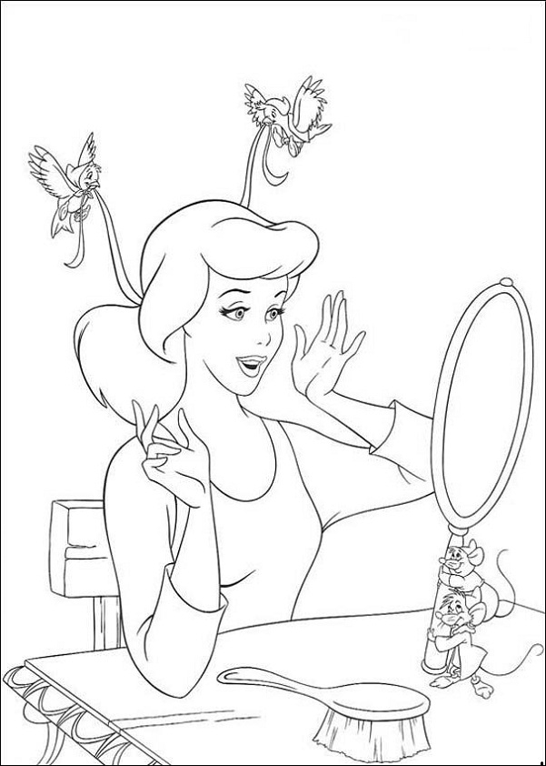 Cendrillon dans sa robe de bal avec des oiseaux dans le jardin