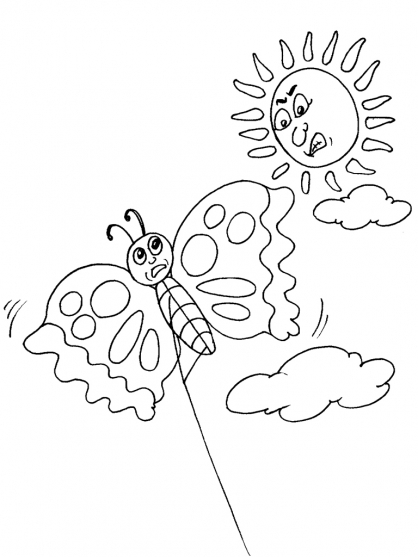 Coloriage d'un cerf-volant dans un ciel nuageux