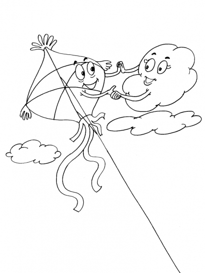 Coloriage d'un cerf-volant s'élevant dans un ciel nuageux