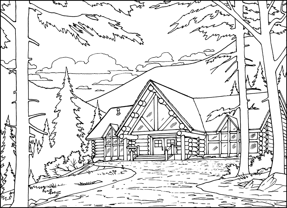 Coloriage d'un chalet montagnard entouré d'arbres et de montagnes
