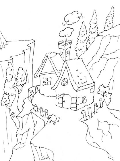 Coloriage d'un chalet en montagne entouré d'arbres