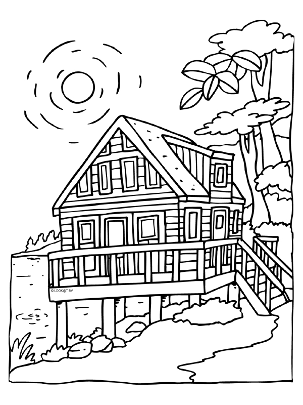 Coloriage d'un chalet en montagne entouré de sapins