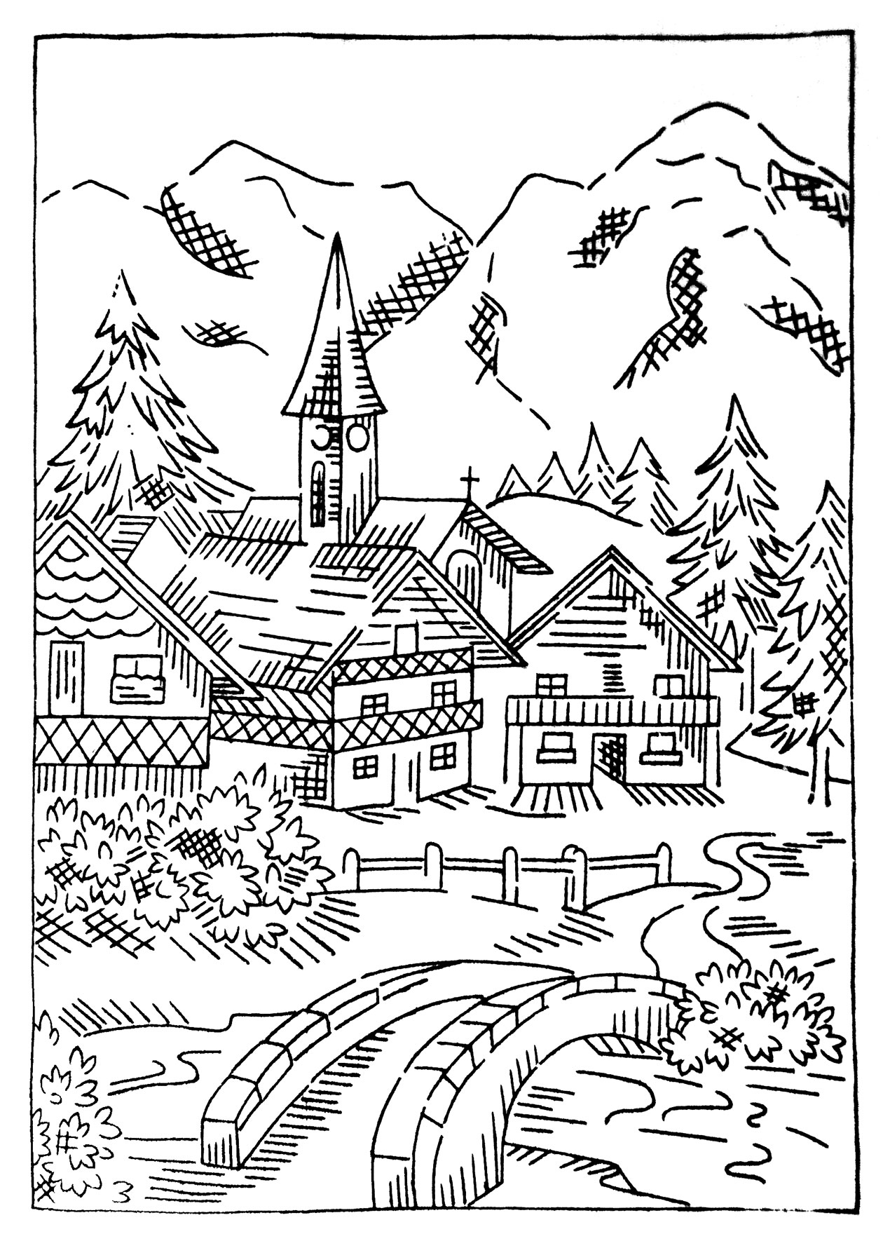 Coloriage d'un chalet en montagne entouré d'arbres