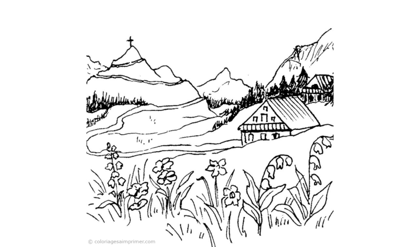 Coloriage d'un chalet en montagne entouré d'arbres