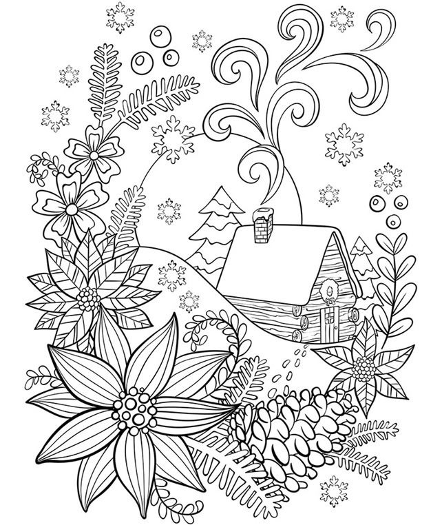 Coloriage d'un chalet montagnard entouré d'arbres et de montagnes
