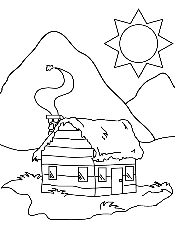 Coloriage d'un chalet en bois entouré d'arbres et de montagnes