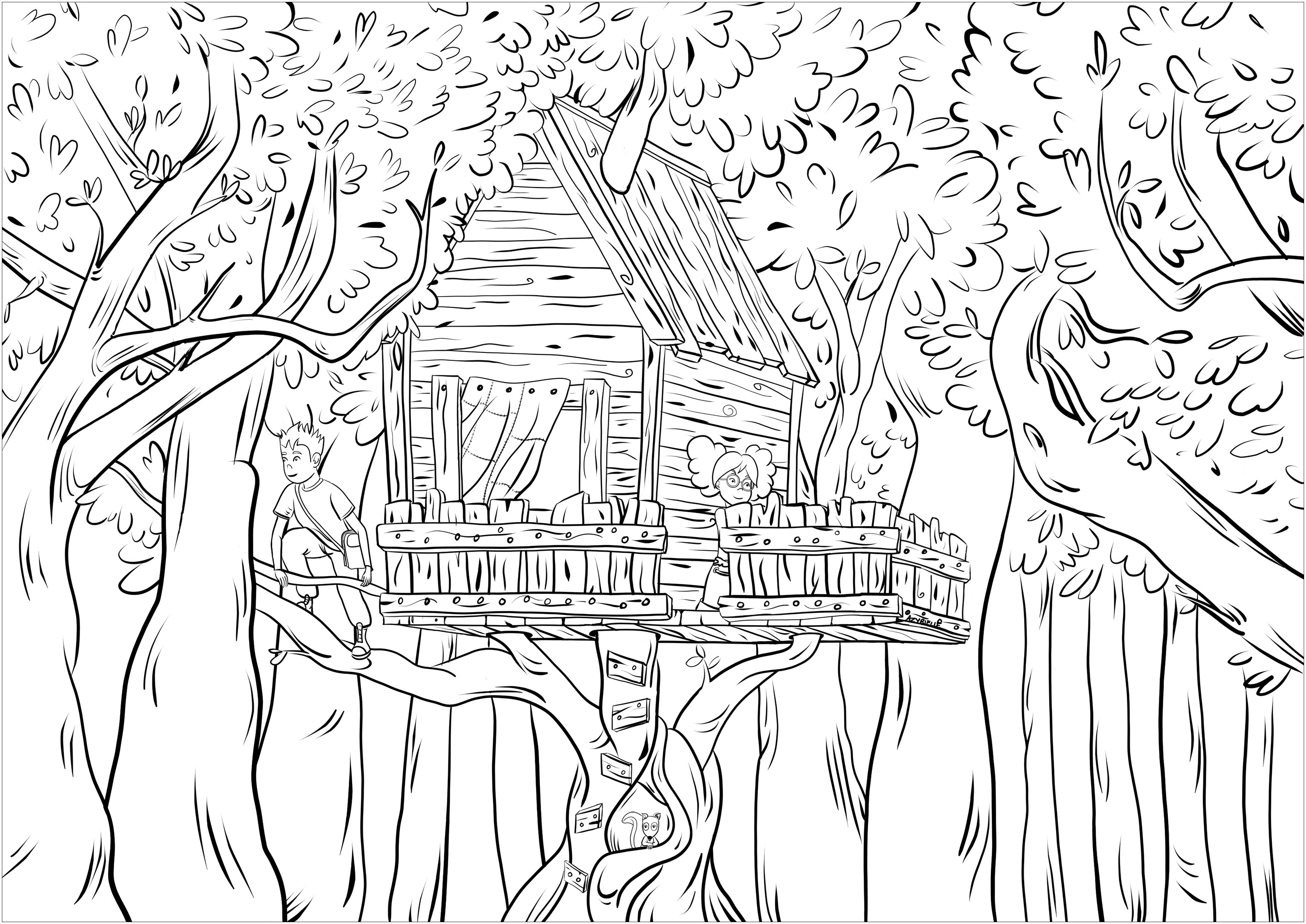 Coloriage d'un chalet en montagne entouré d'arbres