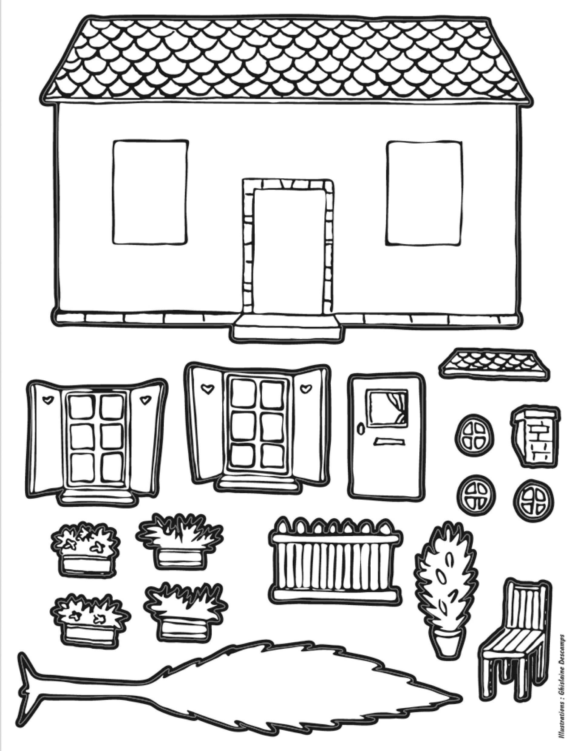 Coloriage d'un chalet en bois entouré de sapins et de montagnes