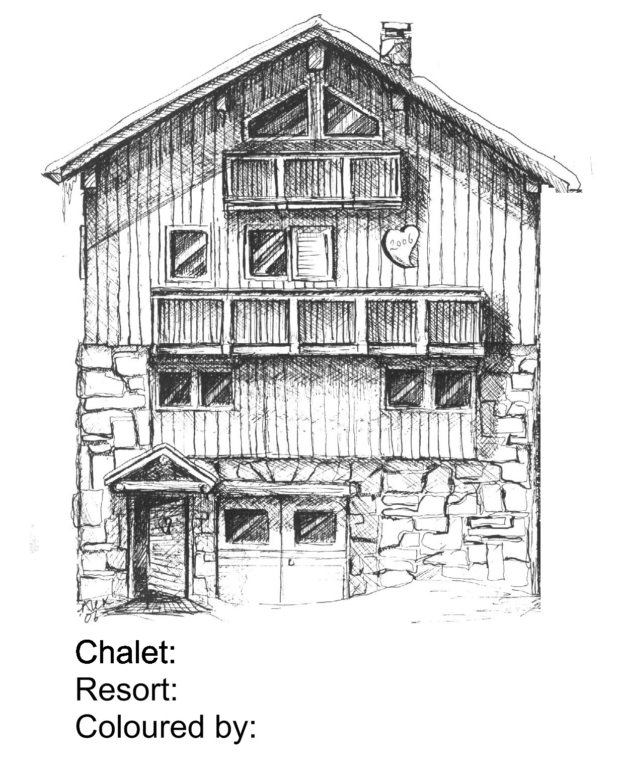 Coloriage d'un chalet en montagne entouré d'arbres
