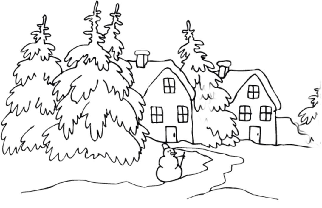 Coloriage d'un chalet en bois au milieu d'une nature sereine