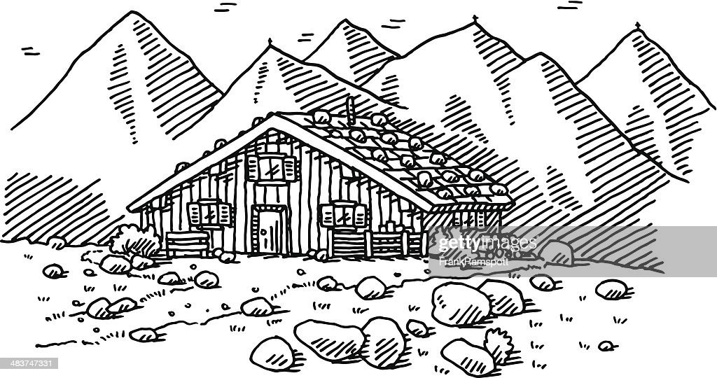 Coloriage d'un chalet en montagne entouré d'arbres