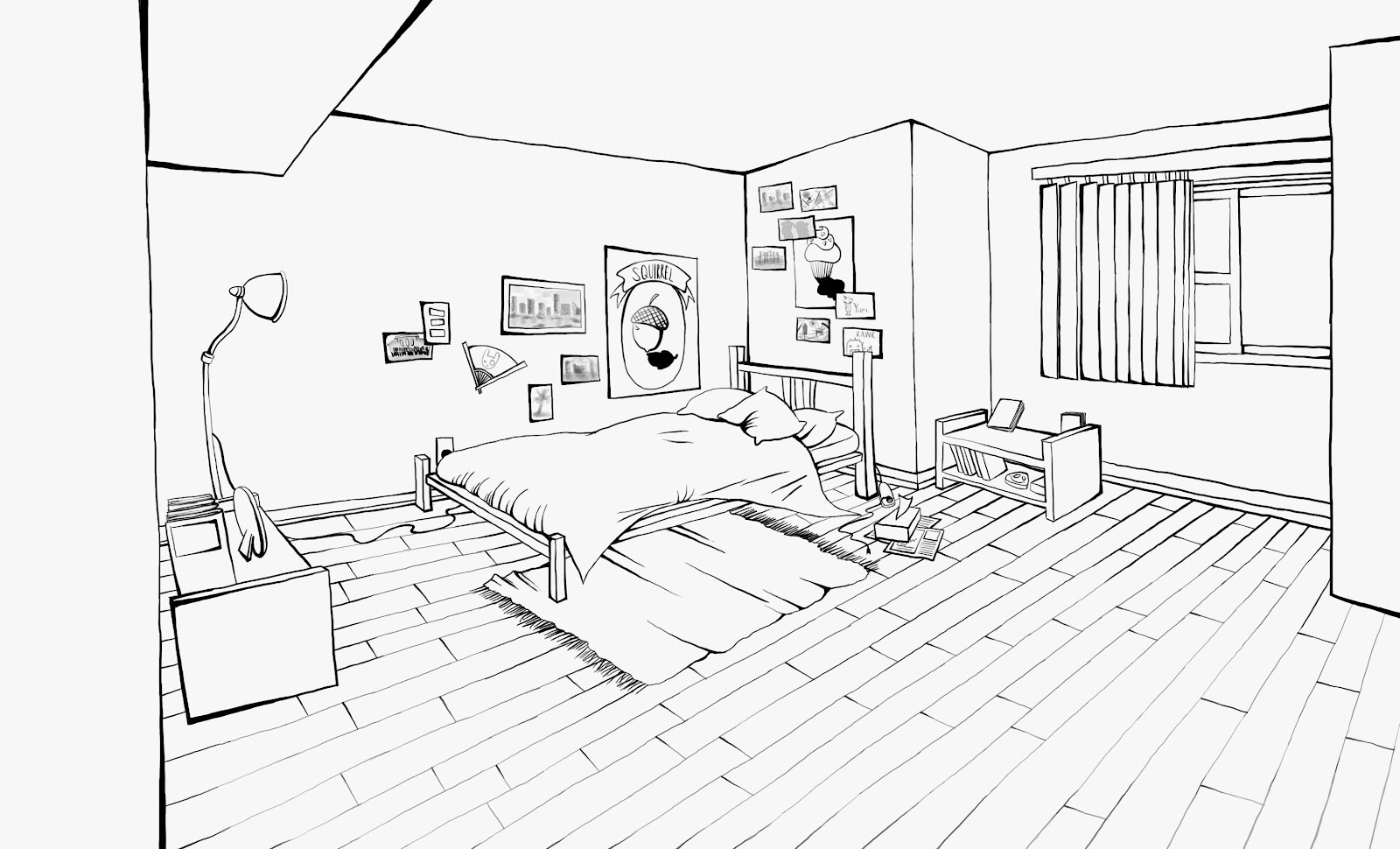 Coloriage d'une chambre accueillante avec un lit et des éléments de décoration