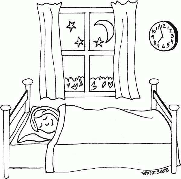 Coloriage d'une chambre chaleureuse avec un lit et des éléments décoratifs