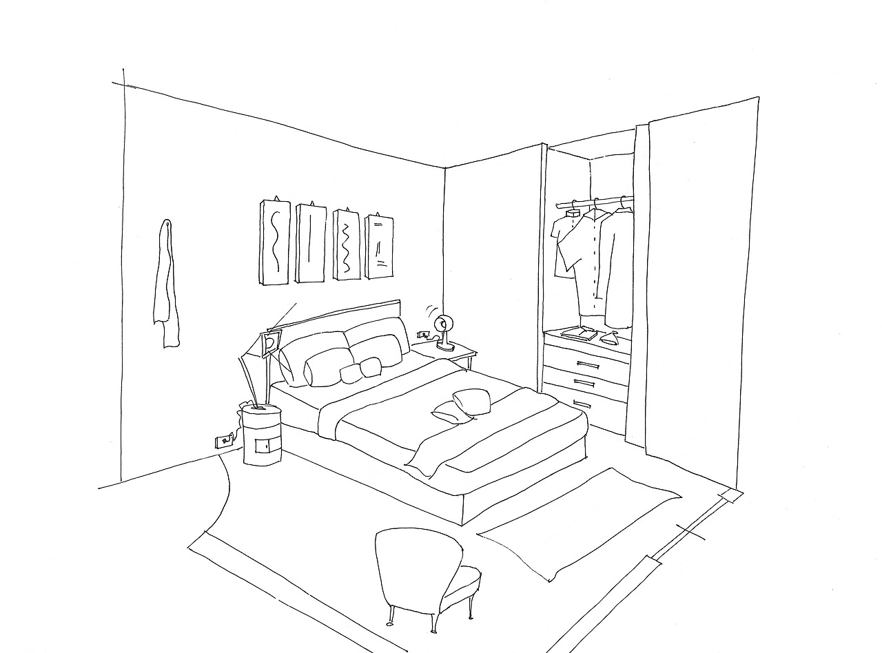 Coloriage d'une chambre avec un lit, une fenêtre et des éléments de décoration