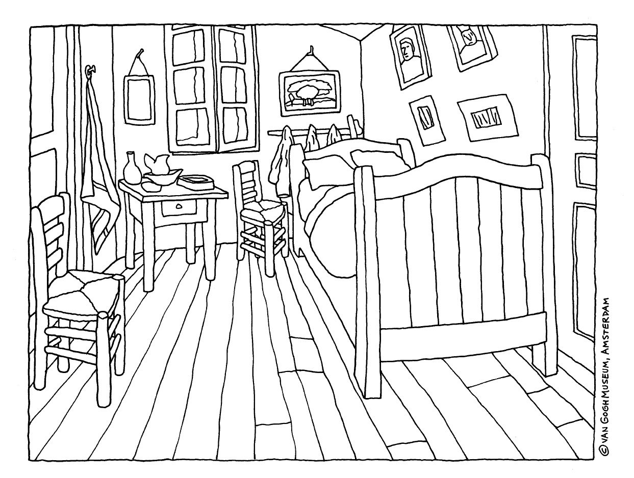Coloriage d'une chambre cosy avec un lit et des éléments décoratifs