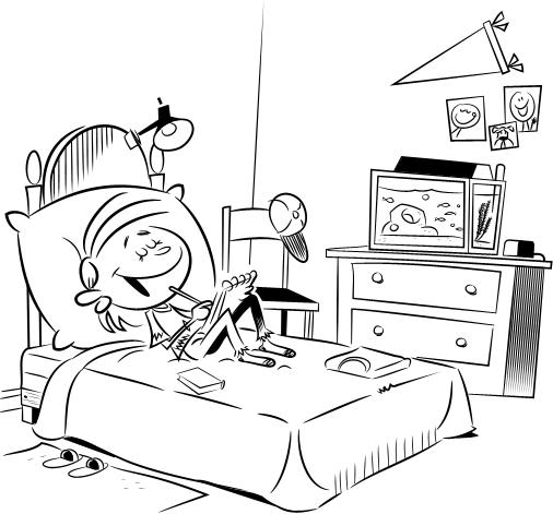 Coloriage d'une chambre avec des éléments de décoration variés