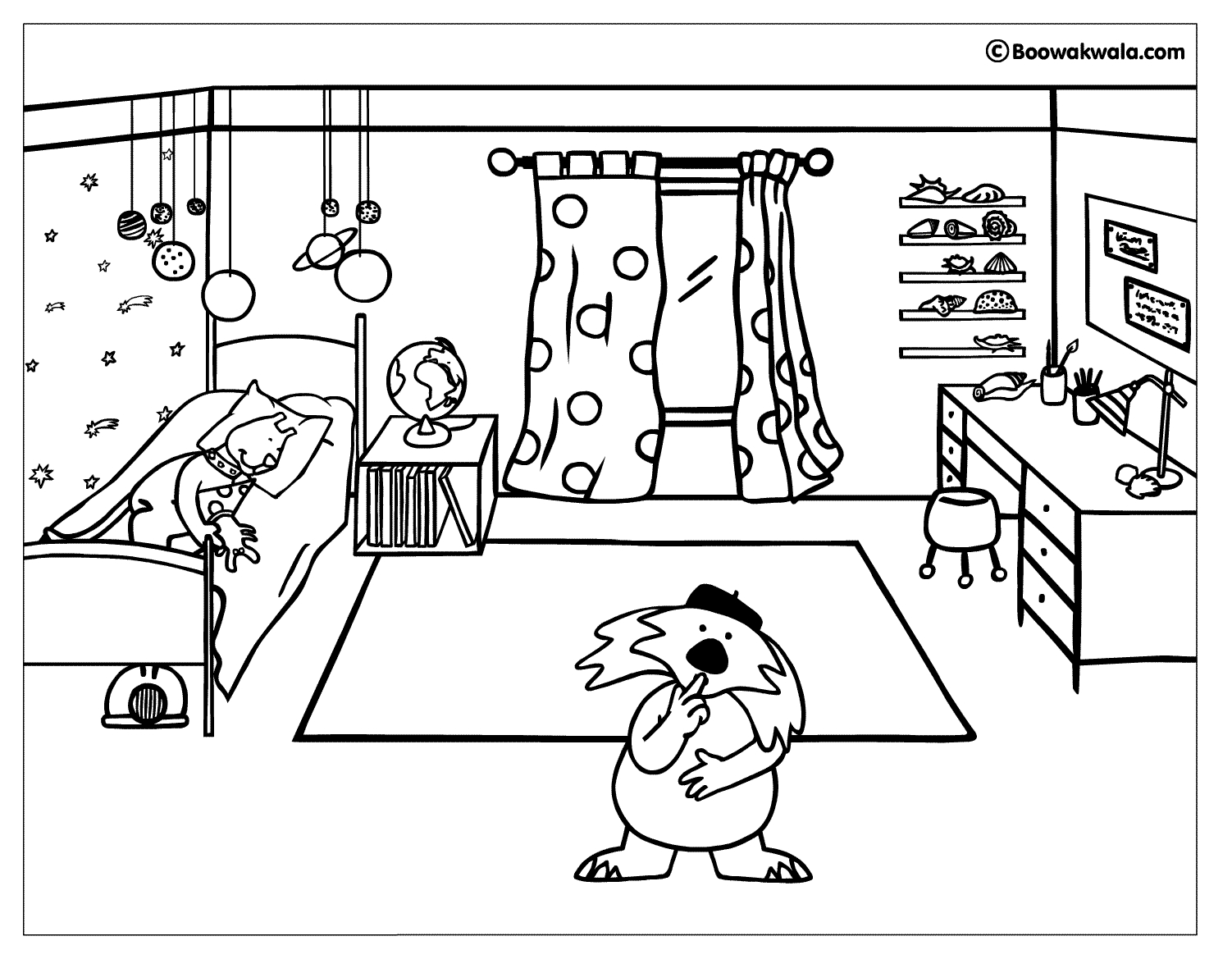 Scène de chambre à coucher à colorier avec des éléments décoratifs