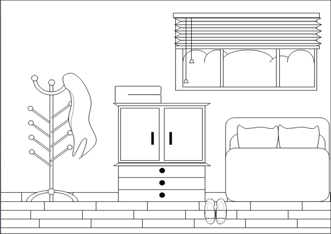 Coloriage d'une chambre accueillante avec un lit et des objets décoratifs
