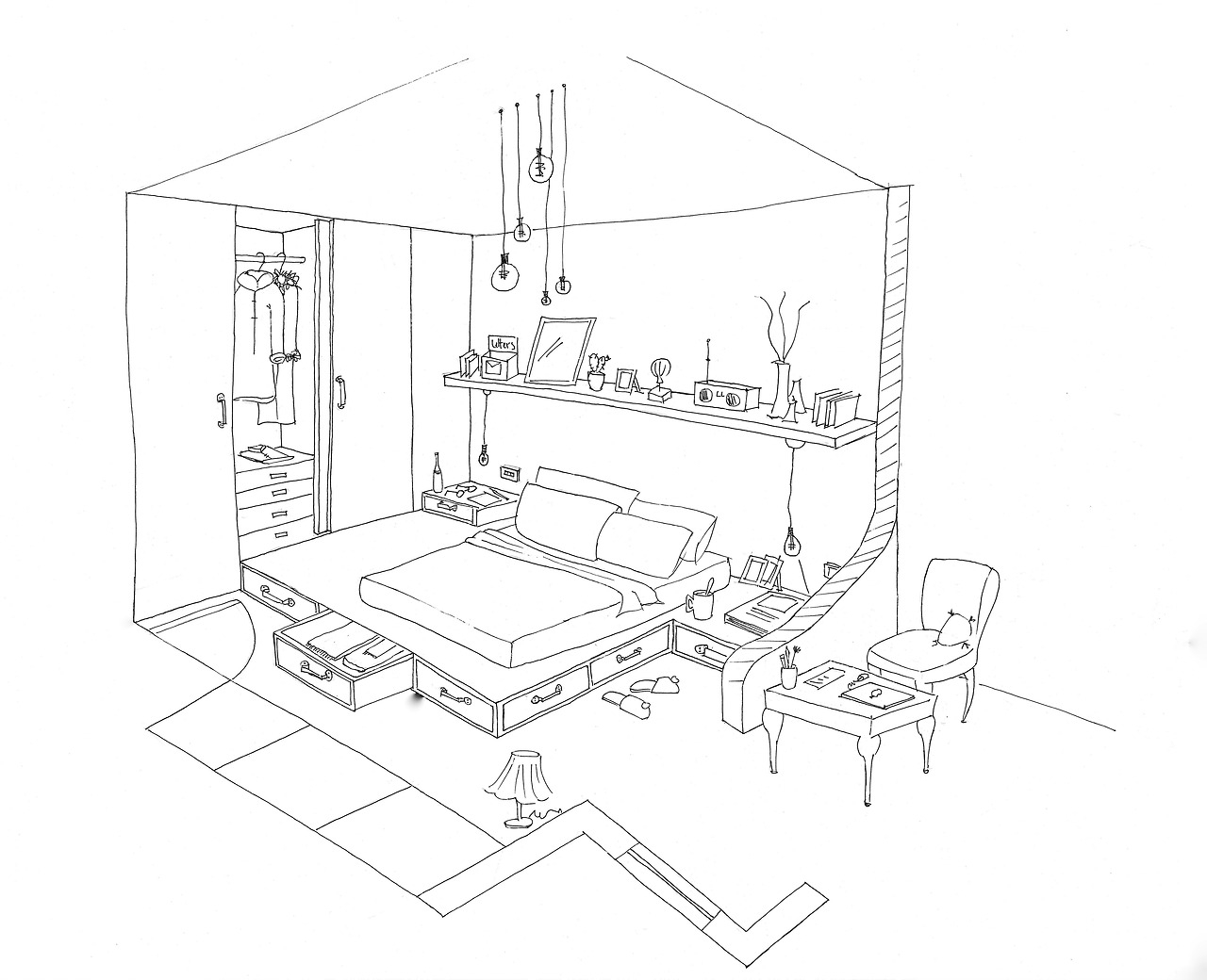 Coloriage d'une chambre accueillante avec des éléments de décoration