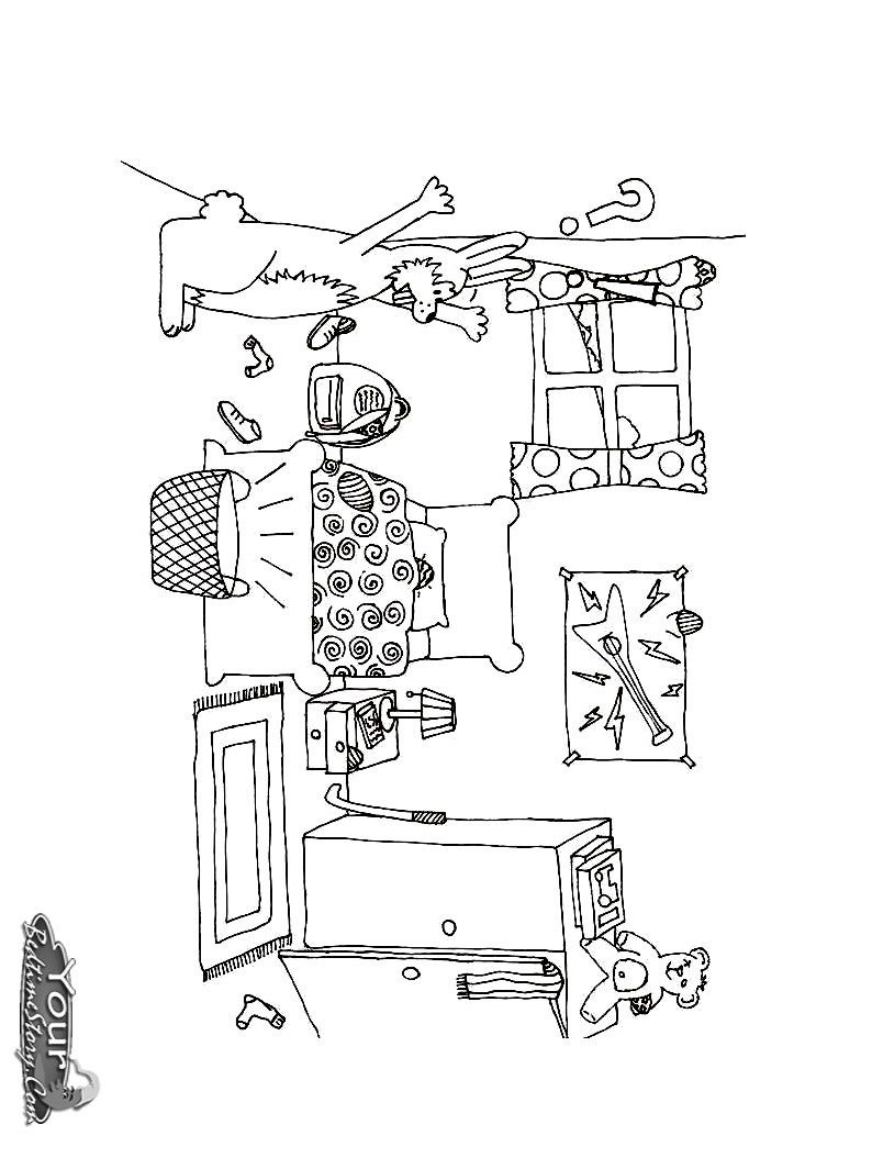 Coloriage d'une chambre d'enfant avec décor ludique et mobilier