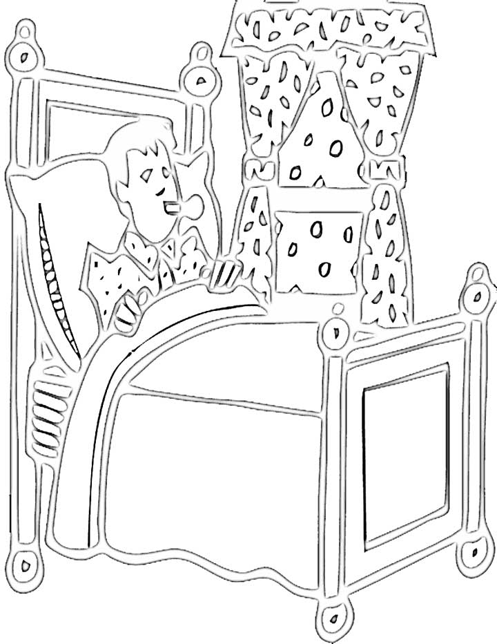 Coloriage d'une chambre chaleureuse avec un lit et des éléments de décoration
