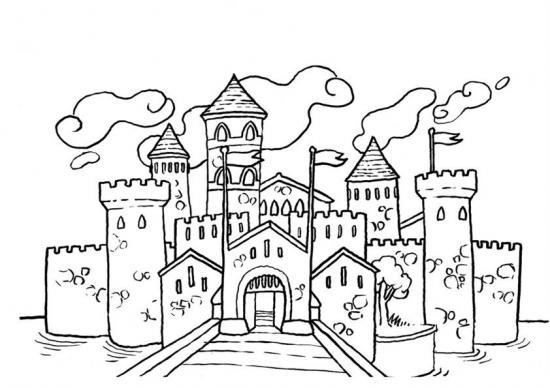 Coloriage d'un château majestueux avec un paysage environnant