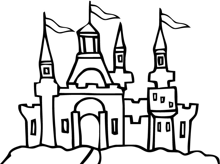 Coloriage d'un château avec des tours et un jardin environnant