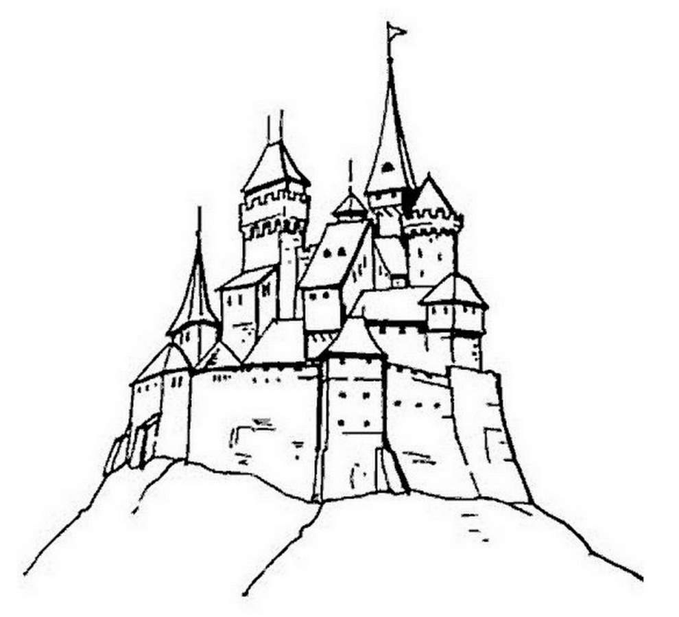 Coloriage d'un château majestueux sous un ciel nuageux