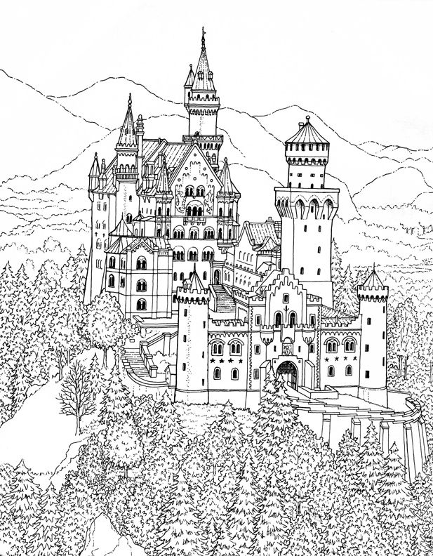 Coloriage d'un château médiéval avec un paysage environnant