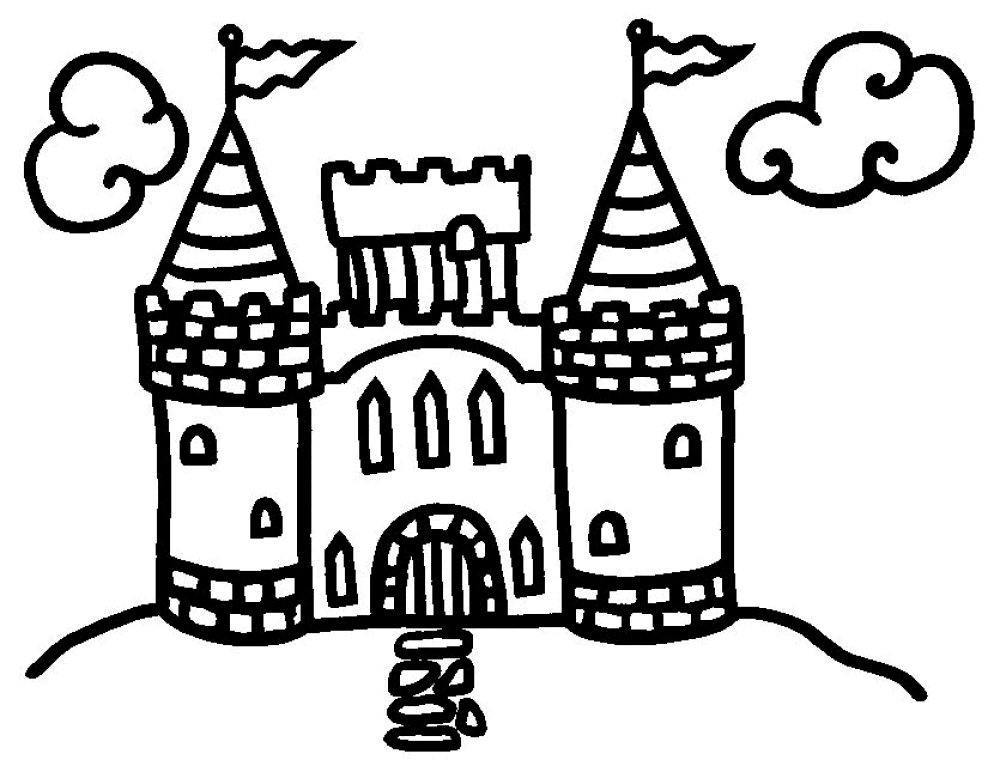 Coloriage d'un château majestueux sous un ciel nuageux