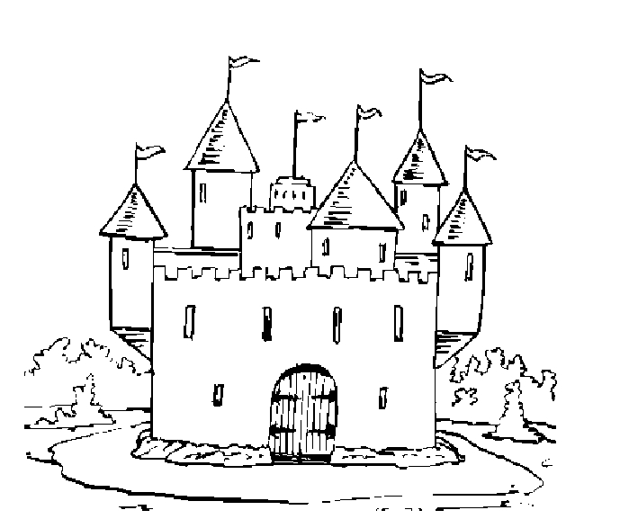 Coloriage d'un château majestueux entouré de jardins et de nuages