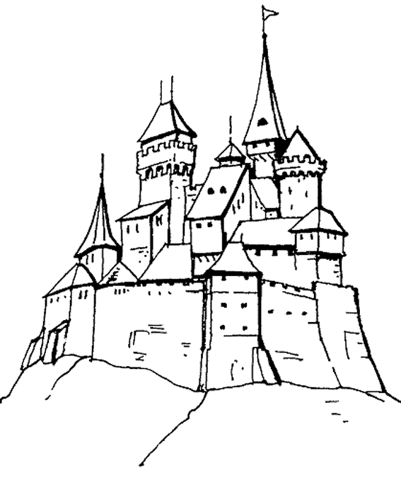 Coloriage d'un château majestueux avec un jardin environnant
